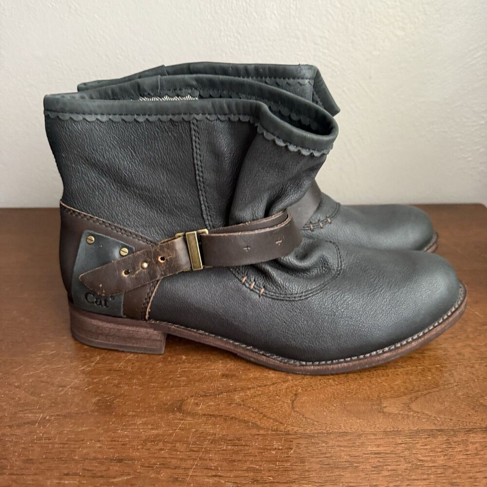 Cat Caterpillar Riva Leather Ankle Boots Booties Black Brown Pull On Womens Sz 9